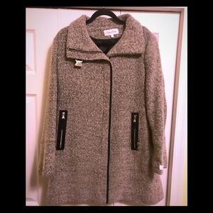 Gray and white peacoat. Hits right above the knee